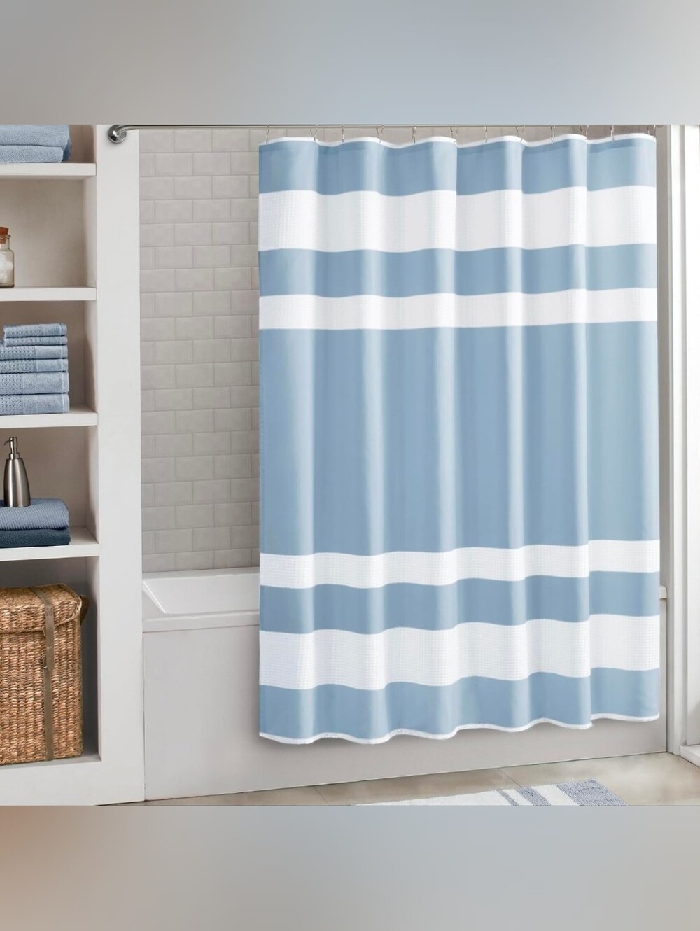 Madison Park Spa Waffle Weave Long Shower Curtain, 72 x 78 Striped Blue & White